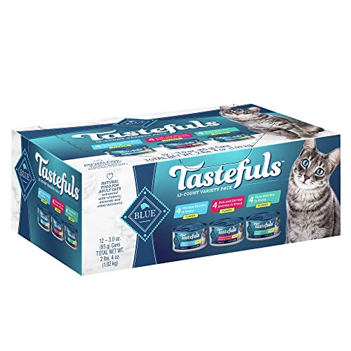 0840243140749 - BLUE BUFFALO TASTEFULS NATURAL FLAKED WET CAT FOOD VARIETY PACK, TUNA, CHICKEN, FISH & SHRIMP ENTRÉES IN GRAVY 3-OZ CANS (12 COUNT - 4 OF EACH FLAVOR)