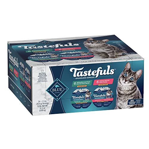 0840243143764 - BLUE BUFFALO TASTEFULS SPOONLESS SINGLES ADULT PATE WET CAT FOOD VARIETY PACK, WHITEFISH & TUNA AND SALMON ENTRÉE, 2.6-OZ TWIN-PACK TRAY (12 COUNT - 6 OF EACH FLAVOR)