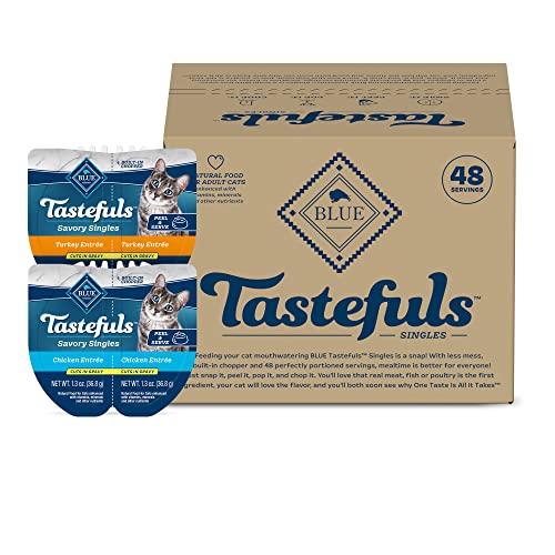 0840243143795 - BLUE BUFFALO TASTEFULS SAVORY SINGLES ADULT CUTS IN GRAVY WET CAT FOOD VARIETY PACK, CHICKEN AND TURKEY ENTRÉE, 2.6-OZ TWIN-PACK TRAY (24 COUNT - 12 OF EACH FLAVOR)
