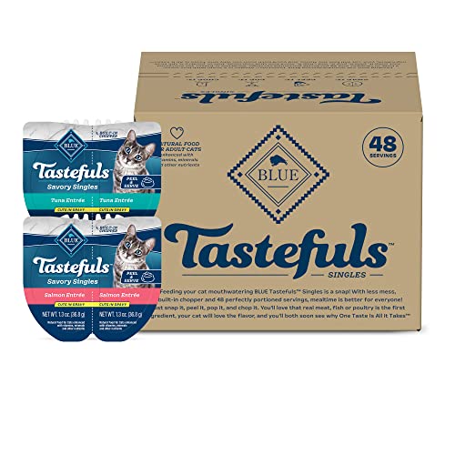 0840243143801 - BLUE BUFFALO TASTEFULS SAVORY SINGLES ADULT CUTS IN GRAVY WET CAT FOOD VARIETY PACK, SALMON AND TUNA ENTRÉE, 2.6-OZ TWIN-PACK TRAY (24 COUNT - 12 OF EACH FLAVOR)