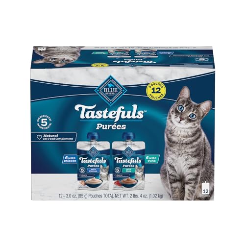 0840243151233 - BLUE BUFFALO TASTEFULS ADULT CAT NATURAL PUREES VARIETY PACK, CHICKEN & TUNA 3-OZ RESEALABLE TWIST CAP POUCHES (12 COUNT)