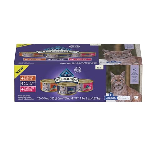 0840243151622 - BLUE BUFFALO WILDERNESS HIGH PROTEIN, NATURAL ADULT PATE WET CAT FOOD VARIETY PACK, CHICKEN, SALMON, TURKEY 5.5-OZ CAN (12 COUNT - 4 OF EACH FLAVOR)