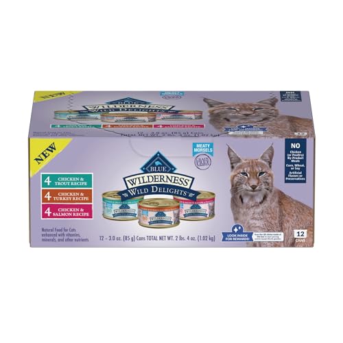 0840243151646 - BLUE BUFFALO WILDERNESS WILD DELIGHTS HIGH PROTEIN GRAIN FREE, NATURAL ADULT MEATY MORSELS WET CAT FOOD, CHICKEN & TURKEY, CHICKEN & TROUT, CHICKEN & SALMON 3-OZ CANS (12 COUNT - 4 OF EACH FLAVOR)