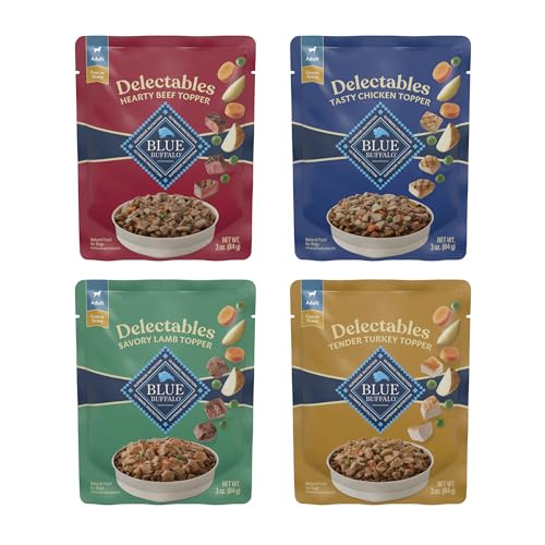 0840243153831 - BLUE BUFFALO DELECTABLES NATURAL WET DOG FOOD TOPPER VARIETY PACK, TASTY CHICKEN, HEARTY BEEF, TENDER TURKEY, & SAVORY LAMB DINNER 3-OZ (24 PACK- 6 OF EACH FLAVOR)