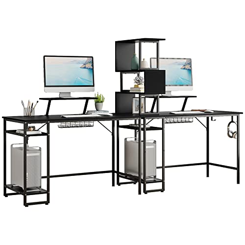0840265272848 - YITAHOME 98 INCH TWO PERSON COMPUTER DESK WITH STORAGE SHELVES, DOUBLE HOME OFFICE DESK WITH MONITOR & CPU STAND, 2 PEOPLE WRITING STUDY TABLE, BLACK