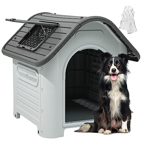 0840265299555 - YITAHOME LARGE DOG HOUSE OUTDOOR PLASTIC DOGHOUSE WATER RESISTANT PET HOUSE WITH ADJUSTABLE SKYLIGHT AND ELEVATED BASE FOR SMALL, MEDIUM, AND LARGE DOGS