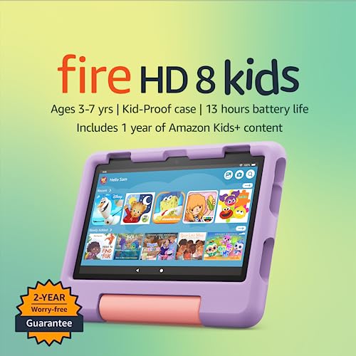 0840268962432 - AMAZON FIRE HD 8 KIDS TABLET, 8 HD DISPLAY, AGES 3-7, INCLUDES 2-YEAR WORRY-FREE GUARANTEE, KID-PROOF CASE, 32 GB, (2022 RELEASE), PURPLE