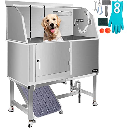 0840281515530 - VEVOR DOG GROOMING TUB, 50 L PET WASH STATION, PROFESSIONAL STAINLESS STEEL PET GROOMING TUB RATED 330LBS LOAD CAPACITY, NON-SKID DOG WASHING STATION COMES WITH RAMP, FAUCET, SPRAYER AND DRAIN KIT