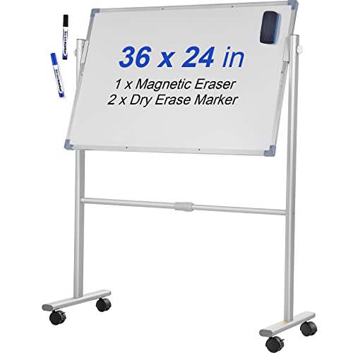 0840281542277 - VEVOR MOBILE MAGNETIC WHITEBOARD, 36 X 24 INCH, DOUBLE SIDED, 360 DEGREE REVERSIBLE ROLLING DRY ERASE BOARD, HEIGHT ADJUSTABLE WITH ALUMINUM FRAME AND LOCKABLE SWIVEL WHEELS, FOR OFFICE SCHOOL HOME