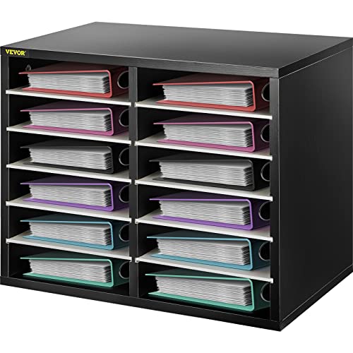 0840281543243 - VEVOR WOOD LITERATURE ORGANIZER, 12 COMPARTMENTS, ADJUSTABLE SHELVES, MEDIUM DENSITY FIBERBOARD MAIL CENTER, OFFICE HOME SCHOOL STORAGE FOR FILES, DOCUMENTS, PAPERS, MAGAZINES, BLACK+WHITE