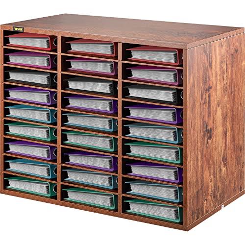0840281543397 - VEVOR WOOD LITERATURE ORGANIZER, 27 COMPARTMENTS, ADJUSTABLE SHELVES, MEDIUM DENSITY FIBERBOARD MAIL CENTER, OFFICE HOME SCHOOL STORAGE FOR FILES, DOCUMENTS, PAPERS, MAGAZINES, BROWN