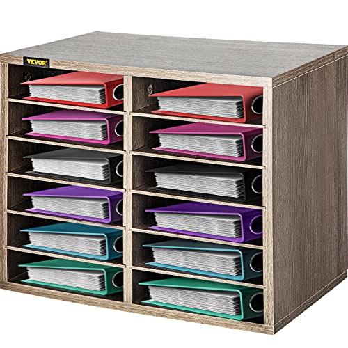 0840281543427 - VEVOR WOOD LITERATURE ORGANIZER, 12 COMPARTMENTS, ADJUSTABLE SHELVES, MEDIUM DENSITY FIBERBOARD MAIL CENTER, OFFICE HOME SCHOOL STORAGE FOR FILES, DOCUMENTS, PAPERS, MAGAZINES,BURLYWOOD