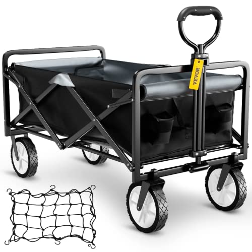 0840281556809 - VEVOR WAGON BEACH CART, COLLAPSIBLE FOLDING CART WITH 176LBS LOAD, OUTDOOR UTILITY GARDEN CART, ADJUSTABLE HANDLE, PORTABLE FOLDABLE WAGONS WITH WHEELS FOR BEACH, CAMPING, GROCERY, BLACK