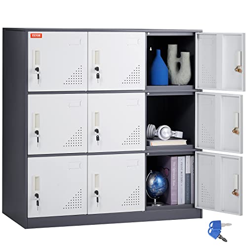 0840281575695 - VEVOR METAL LOCKER FOR EMPLOYEES, 9 DOORS STORAGE CABINET WITH CARD SLOT, GRAY STEEL EMPLOYEE LOCKERS WITH KEYS, 66LBS LOADING CAPACITY OFFICE STORAGE LOCKERS FOR OFFICE, HOME, SCHOOL, GYM