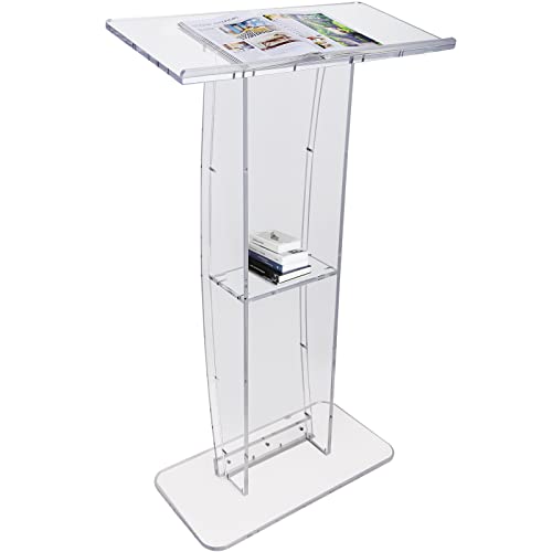 0840281575886 - VEVOR ACRYLIC PODIUM, 47 TALL, CLEAR ACRYLIC PODIUM STAND WITH WIDE READING SURFACE & STORAGE SHELF, FLOOR-STANDING CLEAR PULPITS ACRYLIC FOR CHURCH OFFICE SCHOOL
