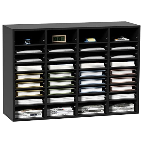 0840281579464 - VEVOR LITERATURE ORGANIZERS, 36 COMPARTMENTS OFFICE MAILBOX WITH ADJUSTABLE SHELVES, WOOD LITERATURE SORTER 39.3X12X26.8 INCHES FOR OFFICE, HOME, CLASSROOM, MAILROOMS ORGANIZATION, EPA CERTIFIED BLACK