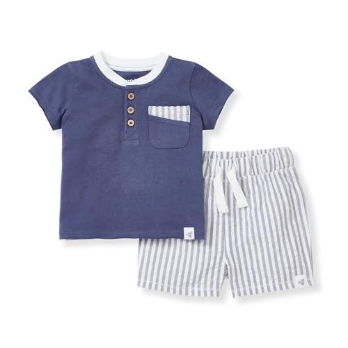 0840316888479 - BURTS BEES BABY BABY BOYS SHIRT AND PANT SET, TOP & BOTTOM OUTFIT BUNDLE, 100% ORGANIC COTTON, HENLEY TEE & SEERSUCKER SHORTS