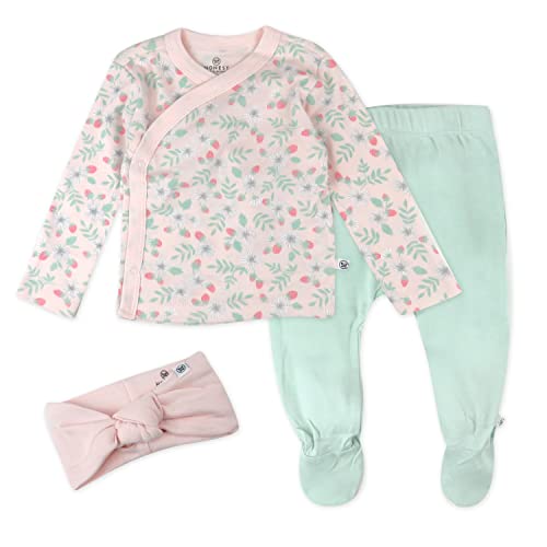 0840321205391 - HONESTBABY 3-PIECE ORGANIC COTTON KIMONO TOP, FOOTED PANT & HEADBAND SET, STRAWBERRY PATCH, 3-6 MONTHS
