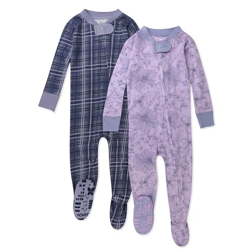 0840321215284 - HONESTBABY NON-SLIP FOOTED PAJAMAS ONE-PIECE SLEEPER JUMPSUIT ZIP-FRONT PJS 100% ORGANIC COTTON FOR BABY GIRLS, PURPLE PLAID, 12 MONTHS