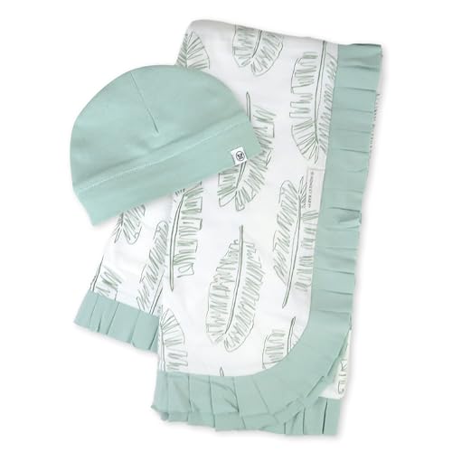0840321225856 - HONESTBABY 2-PIECE KNIT STROLLER BLANKET WITH TRIM DETAIL AND BABY HAT, JUMBO LEAF SAGE, ONE SIZE