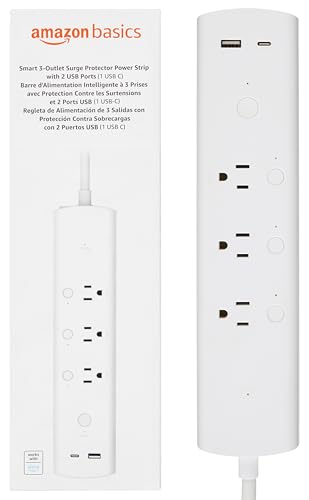 0840324406955 - AMAZON BASICS RECTANGULAR SMART PLUG POWER STRIP, SURGE PROTECTOR WITH 3 INDIVIDUALLY CONTROLLED OUTLETS AND 2 USB PORTS (1 USB C), 2.4 GHZ WI-FI, WORKS WITH ALEXA, WHITE