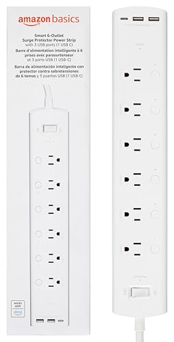 0840324406962 - AMAZON BASICS RECTANGULAR SMART PLUG POWER STRIP, SURGE PROTECTOR WITH 6 INDIVIDUALLY CONTROLLED OUTLETS AND 3 USB PORTS (1 USB C), 2.4 GHZ WI-FI, WORKS WITH ALEXA, WHITE