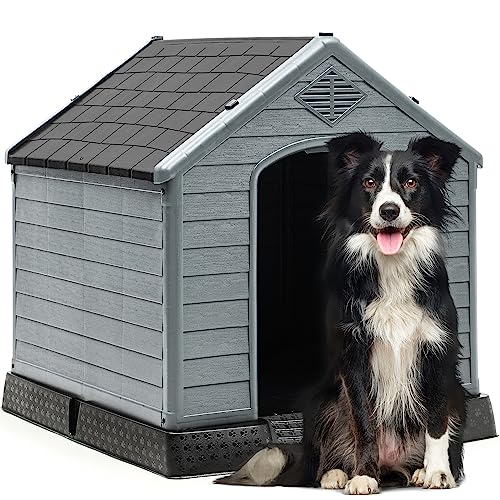 0840332311272 - YITAHOME LARGE PLASTIC DOG HOUSE OUTDOOR INDOOR DOGHOUSE PUPPY SHELTER WATER RESISTANT EASY ASSEMBLY STURDY DOG KENNEL WITH AIR VENTS AND ELEVATED FLOOR (34.5L*31W*32H, BLACK+GRAY)