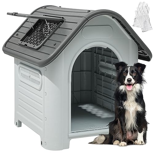 0840332325422 - YITAHOME 34.3 LARGE DOG HOUSE OUTDOOR PLASTIC DOGHOUSE WATER RESISTANT PET HOUSE WITH ADJUSTABLE SKYLIGHT AND ELEVATED BASE FOR SMALL, MEDIUM DOGS (34.3L*28.3W*29.5H)