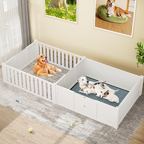 0840332327112 - YITAHOME WHELPING BOX FOR DOGS WITH WATER-RESISTANT FLOOR MAT 78 L×39.4 W INDOOR WOODEN DOG PEN WITH DOUBLE ROOMS FOR LARGE MEDIUM SMALL DOGS PUPPIES