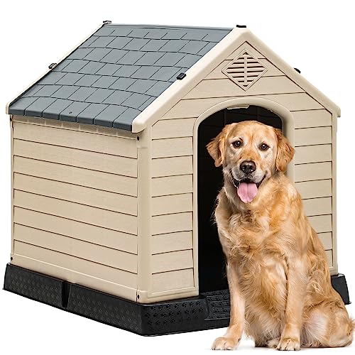 0840332329321 - YITAHOME LARGE PLASTIC DOG HOUSE OUTDOOR INDOOR DOGHOUSE PUPPY SHELTER WATER RESISTANT EASY ASSEMBLY STURDY DOG KENNEL WITH AIR VENTS AND ELEVATED FLOOR (41L*38W*39H, GRAY+BROWN)
