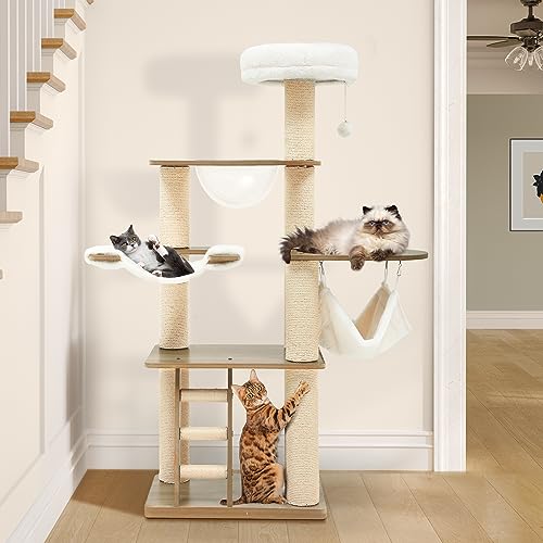 0840332340746 - YITAHOME MODERN WOOD CAT TREE, MULTI LEVEL CAT TOWER FOR INDOOR LARGE CATS WITH 2 HAMMOCK, SCRATCHING POST, SPACE CAPSULE, CLIMBING LADDER