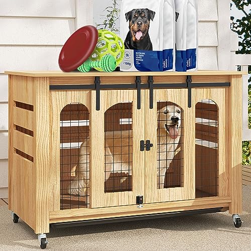 0840332341255 - YITAHOME SOLID WOOD LARGE DOG CRATE FURNITURE, INDOOR DOG HOUSE SIDE END TABLE, STYLISH OUTDOOR DOG KENNEL WITH SLIDING DOORS, 41.7 WOODEN CRATE, HEAVY-DUTY DOG CAGE FOR LARGE DOGS