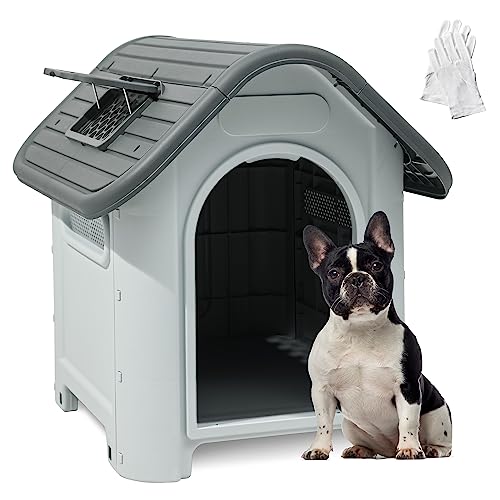 0840332342030 - YITAHOME LARGE DOG HOUSE OUTDOOR PLASTIC DOGHOUSE WATER RESISTANT PET HOUSE WITH ADJUSTABLE SKYLIGHT AND ELEVATED BASE FOR SMALL, MEDIUM, AND LARGE DOGS