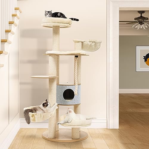 0840332354644 - YITAHOME MODERN TALL CAT TREE, 66.1 INCHES WOOD CAT TOWER HEAVY DUTY WITH CONDO, 2 BASKET, SCRATCHING POST, REMOVABLE PADS, MULTI LEVEL FOR INDOOR LARGE CATS