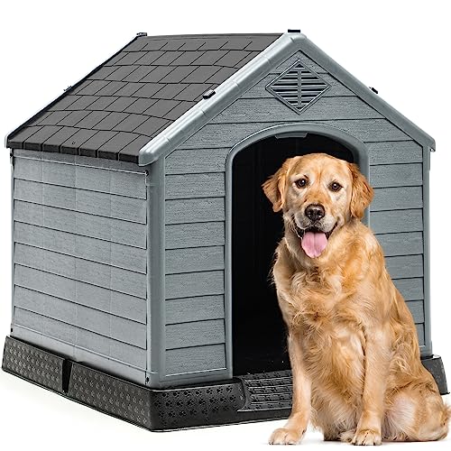 0840332361031 - YITAHOME LARGE PLASTIC DOG HOUSE OUTDOOR INDOOR DOGHOUSE PUPPY SHELTER WATER RESISTANT EASY ASSEMBLY STURDY DOG KENNEL WITH AIR VENTS AND ELEVATED FLOOR (41L*38W*39H, BLACK+GRAY)
