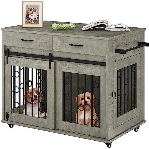 0840332363134 - YITAHOME DOG CRATE FURNITURE, 39 INCH WOODEN INDOOR DOG KENNEL WITH DIVIDER ROOM AND DRAWERS, REMOVABLE TRAY END TABLE, DOUBLE DOOR DOG HOUSE FOR SMALL MEDIUM DOG, GREY