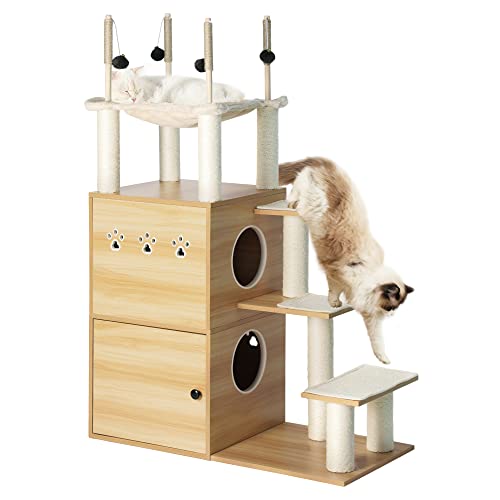 0840332364483 - YITAHOME LITTER BOX ENCLOSURE, 2-IN-1 MODERN CAT TREE WITH 3 LITTER MATS FOR LARGE CATS, INDOOR WOOD CAT HOUSE AND CONDO WITH SISAL SCRATCHING POST AND TOYS