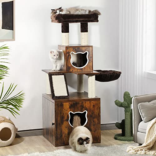 0840332366104 - YITAHOME MODERN CAT TREE WITH LITTER BOX ENCLOSURE, SEPARABLE ENDTABLE AND LARGE CAT TOWER, 4-IN-1 LITTER BOX FURNITURE HIDDEN WITH HAMMOCK AND SCRATCHING POST FOR LARGE CATS