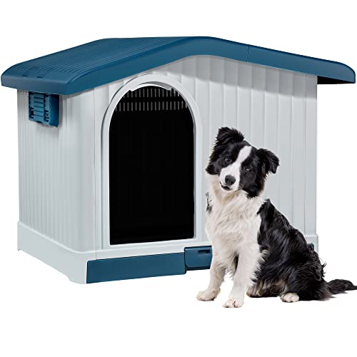 0840332371900 - YITAHOME LARGE PLASTIC DOG HOUSE WITH LIFTABLE ROOF, INDOOR OUTDOOR DOGHOUSE PUPPY SHELTER WITH DETACHABLE BASE AND ADJUSTABLE BAR WINDOW, WATER RESISTANT EASY ASSEMBLY, STURDY DOG KENNEL