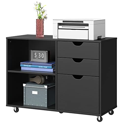 0840332379661 - YITAHOME WOOD FILE CABINET, 3 DRAWER MOBILE FILING CABINET, STORAGE CABINET FOR A4, LETTER SIZE FILES, PRINTER STAND WITH SHELVES FOR HOME OFFICE, BLACK
