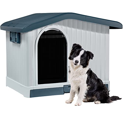 0840332384153 - YITAHOME LARGE PLASTIC DOG HOUSE WITH LIFTABLE ROOF, INDOOR OUTDOOR DOGHOUSE PUPPY SHELTER WITH DETACHABLE BASE AND ADJUSTABLE BAR WINDOW, WATER RESISTANT EASY ASSEMBLY, STURDY DOG KENNEL