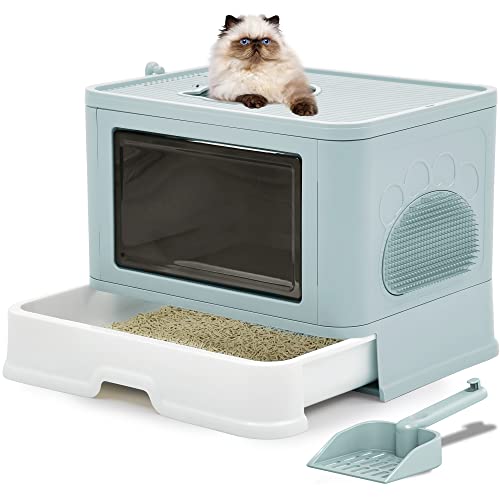 0840332384467 - YITAHOME LARGE ENCLOSED CAT LITTER BOX WITH LID COVER, HOODED ODORLESS CAT TOILET WITH LITTER SCOOP CAT SELF GROOMER DEODORIZER FILTER FRONT ENTRY TOP EXIT DOOR, EASY TO INSTALL AND CLEAN (BLUE)