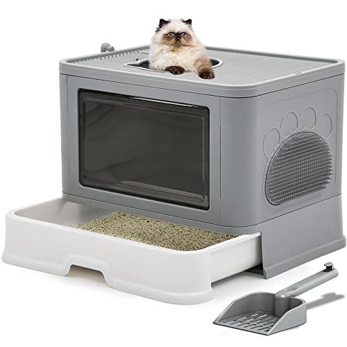 0840332385532 - YITAHOME LARGE ENCLOSED CAT LITTER BOX WITH LID COVER, HOODED ODORLESS CAT TOILET WITH LITTER SCOOP CAT SELF GROOMER DEODORIZER FILTER FRONT ENTRY TOP EXIT DOOR, EASY TO INSTALL AND CLEAN (GRAY)