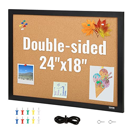 0840349902326 - VEVOR CORK BOARD, 24 X 18 INCHES, DOUBLE-SIDED BULLETIN BOARD WITH MDF STICKER FRAME, VISION BOARD INCLUDES 10 PUSHPINS, FOR DISPLAY AND DECORATION IN OFFICE HOME AND SCHOOL