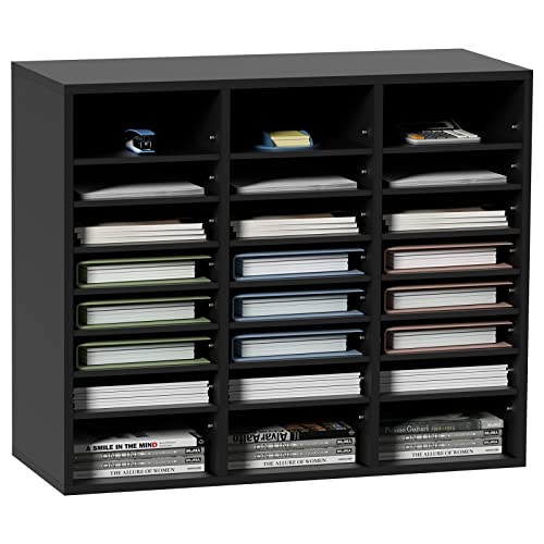 0840349903941 - VEVOR LITERATURE ORGANIZERS, 24 COMPARTMENTS OFFICE MAILBOX WITH ADJUSTABLE SHELVES, WOOD LITERATURE SORTER 29X12X24.4 INCHES FOR OFFICE, HOME, CLASSROOM, MAILROOMS ORGANIZATION, EPA CERTIFIED BLACK