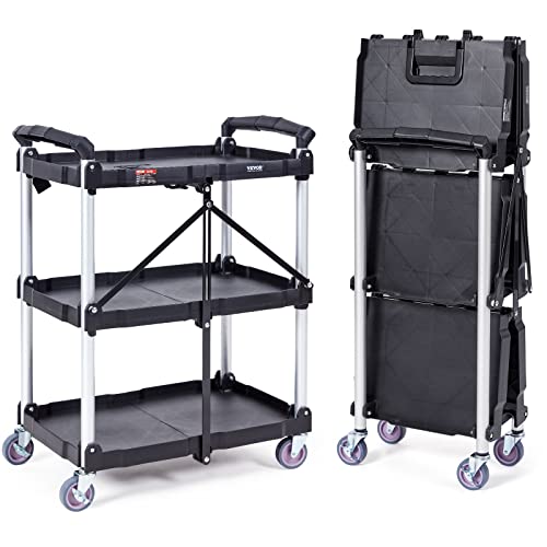 0840349917849 - VEVOR FOLDABLE UTILITY SERVICE CART, 3 SHELF 165LBS HEAVY DUTY PLASTIC ROLLING CART WITH 360° SWIVEL WHEELS (2 WITH BRAKES), ERGONOMIC HANDLE, PORTABLE GARAGE TOOL CART FOR WAREHOUSE OFFICE HOME