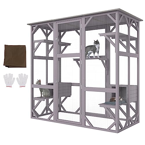 0840349935904 - VEVOR CAT HOUSE OUTDOOR, 7-TIER LARGE CATIO, CAT ENCLOSURE WITH 5 PLATFORMS, 2 RESTING BOXES & LARGE FRONT DOOR, 71.2 X 34.6 X 66.5 INCH