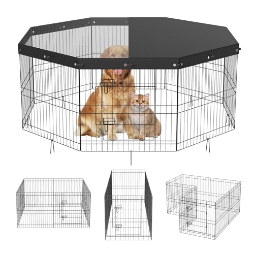 0840349949246 - VEVOR DOG PLAYPEN, 8 PANELS FOLDABLE METAL DOG EXERCISE PEN WITH TOP COVER, 24 H PET FENCE PUPPY CRATE KENNEL WITH GROUND STAKES, INDOOR OUTDOOR DOG PEN FOR SMALL MEDIUM PETS, FOR CAMPING, YARD