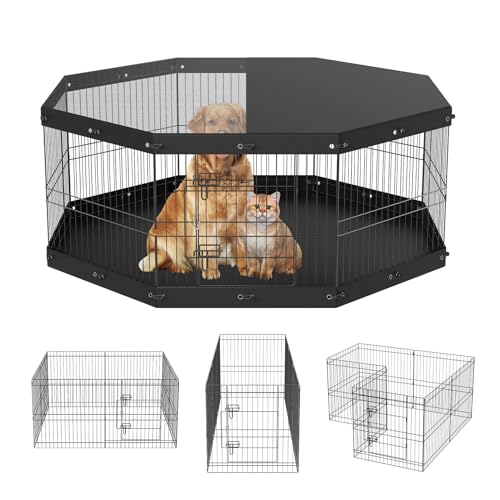 0840349949253 - VEVOR DOG PLAYPEN, 8 PANELS FOLDABLE METAL DOG EXERCISE PEN WITH TOP COVER AND BOTTOM PAD, 24 H PET FENCE PUPPY CRATE KENNEL, INDOOR OUTDOOR DOG PEN FOR SMALL MEDIUM PETS, FOR CAMPING, YARD