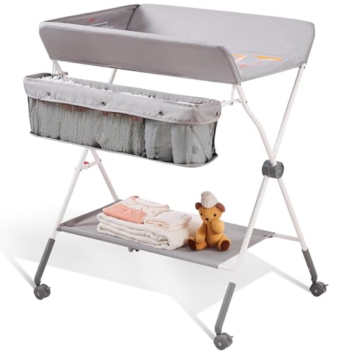0840349972558 - VEVOR BABY CHANGING TABLE, FOLDING DIAPER CHANGING STATION WITH LOCKABLE WHEELS, PORTABLE CHANGING TABLE 3-LEVEL ADJUSTABLE HEIGHTS, WITH STORAGE BASKET & HANGING RACKS FOR NEWBORNS & INFANT